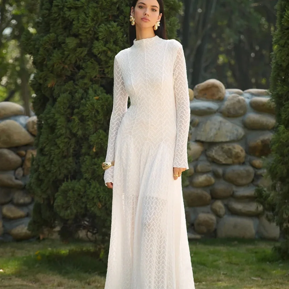 Commense Semi-Sheer Mock Neck Lace Flowy Long Dress - Picture 4 of 9